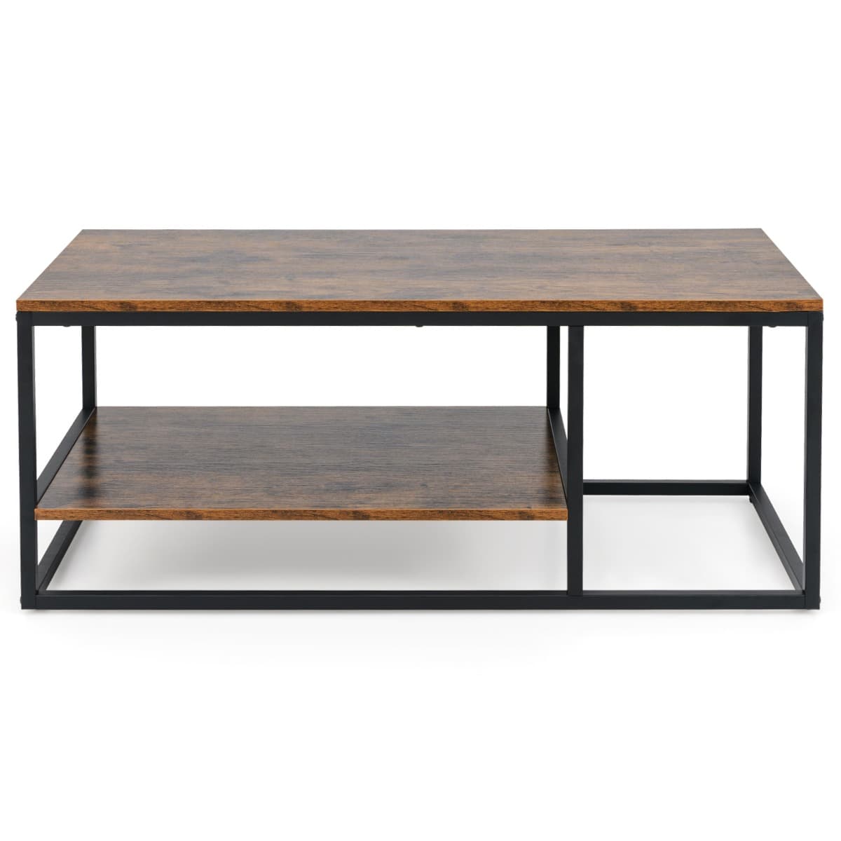 CostwayTable Basse Industrielle à 2 Niveaux Table Centrale Rectangulaire de 105 cm avec Étagère de Rangement et Cadre en Métal Marron Rustique
